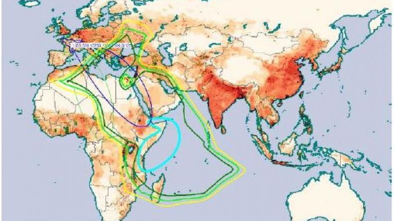 Exemple de couverture possibles par TDF : la Méditerranée ou l’océan Indien