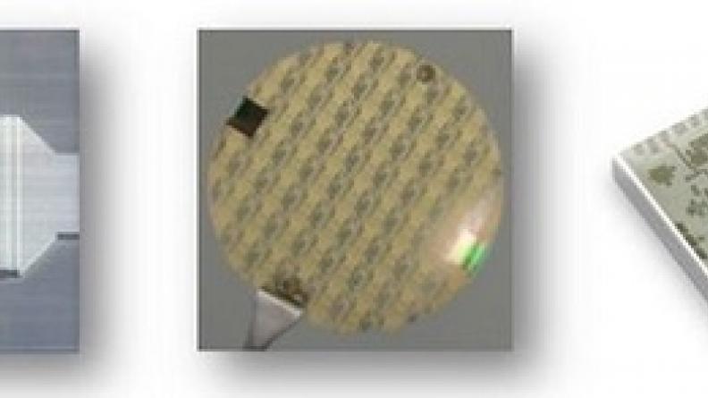 Images d’un transistor GaN (vue microscope à balayage), d’une tranche GaN et d’un circuit intégré Ga