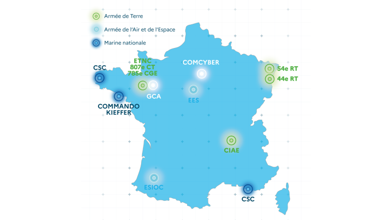 Carte des unités composant la communauté cyber des armées