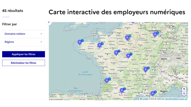 Capture d'écran carte interactive des employeurs numériques