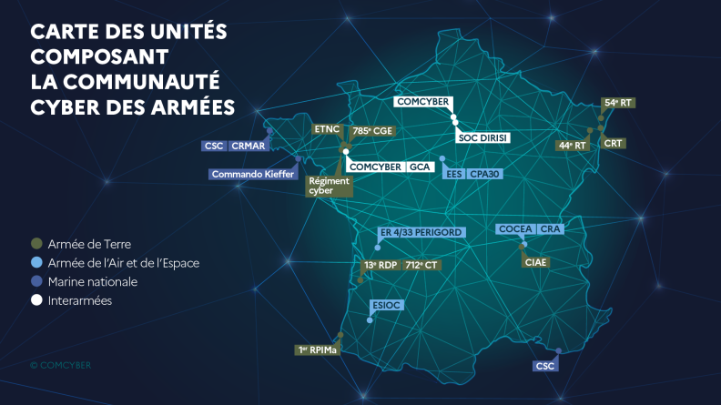 Carte des unités composant la communauté cyber des Armées © COMCYBER