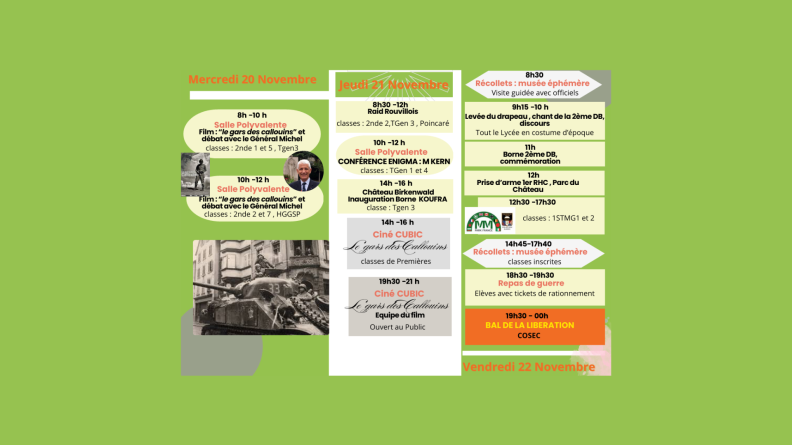 Programme du lycée Leclerc de Saverne, du mercredi 20 novembre au vendredi 22.