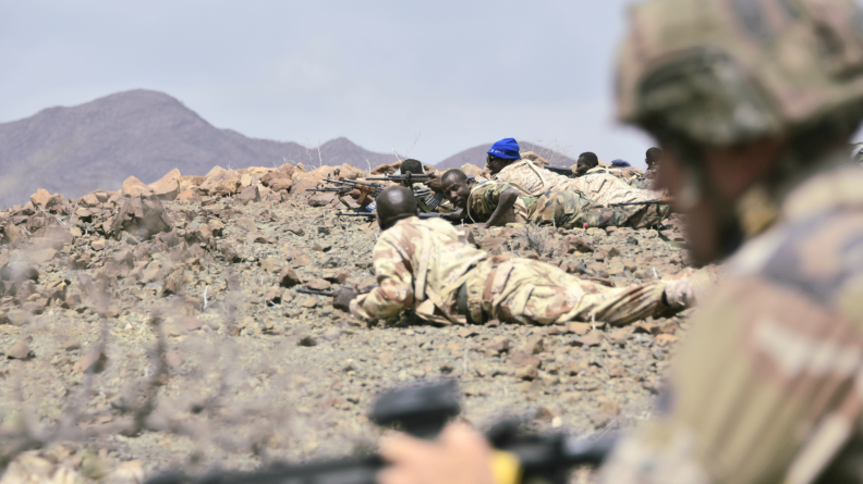 Des soldats des forces armées djiboutiennes en position de tir sur le sol désertique rocailleux.