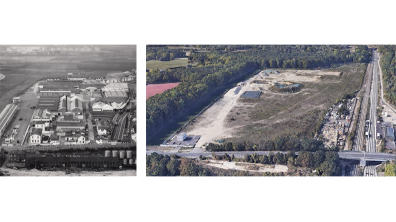 Vue de l'ancien centre de ravitaillement des essences en 1960 (à gauche) et aujourd'hui (à droite)