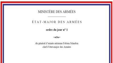 Ordre du jour n°01 du général d'armée Fabien Mandon, chef d'état-major des Armées - Prise de fonctio