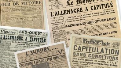 Annonce de la reddition sans conditions de l'Allemagne nazie par les journaux en 1945