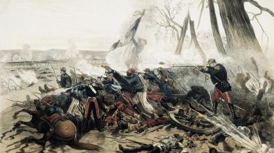 Huile sur toile de la bataille de Sedan opposant l’armée française à l’armée prussienne, en 1870.