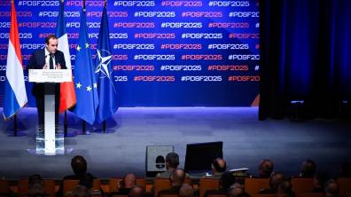 Le ministre des Armées, Sébastien Lecornu, lors de son discours d’ouverture du PDSF 2025.